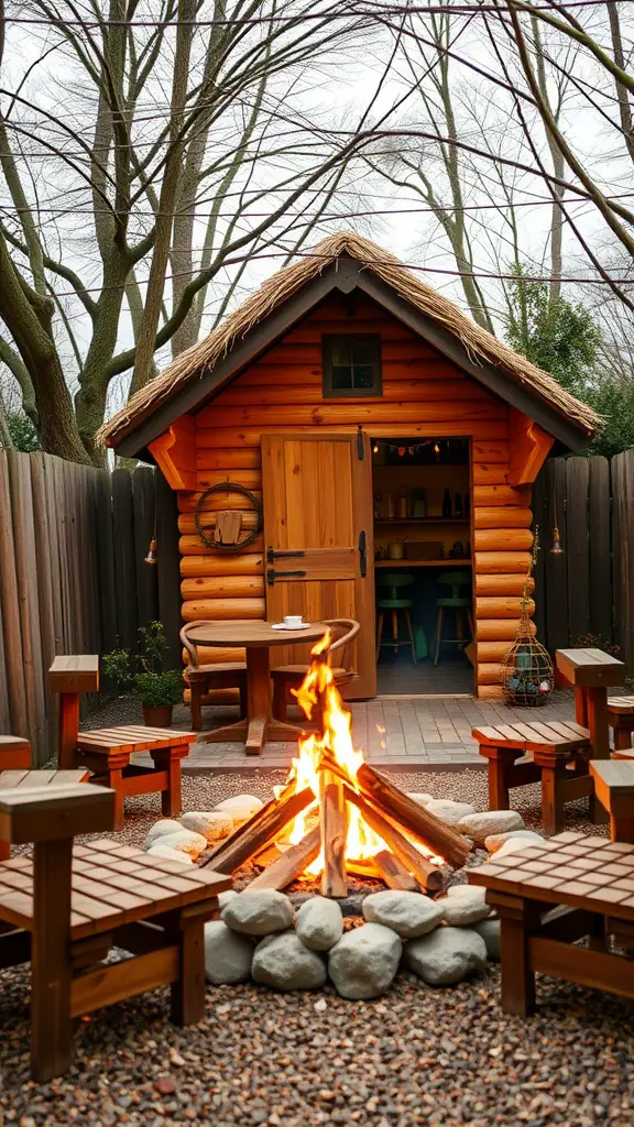 A cozy outdoor fire pit area with a log cabin, surrounded by wooden seating and stones.