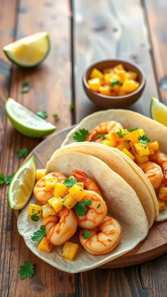 Shrimp tacos with grilled pineapple salsa on a wooden table with lime slices