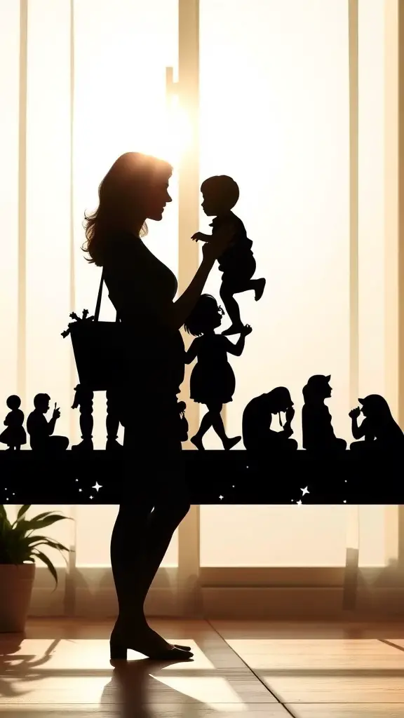 Silhouette garland featuring a mother holding a child with other silhouettes in the background