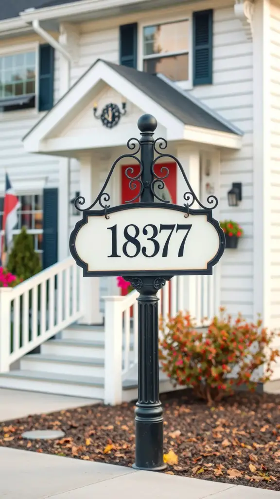 A decorative black address sign displaying the number 18377 in front of a house.