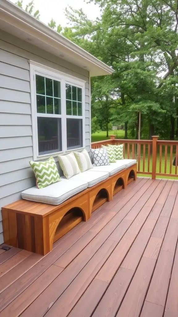 19 Affordable DIY Deck Ideas to Transform Your Outdoor Space 12 A built-in wooden bench seat with cushions on a deck overlooking a green landscape.