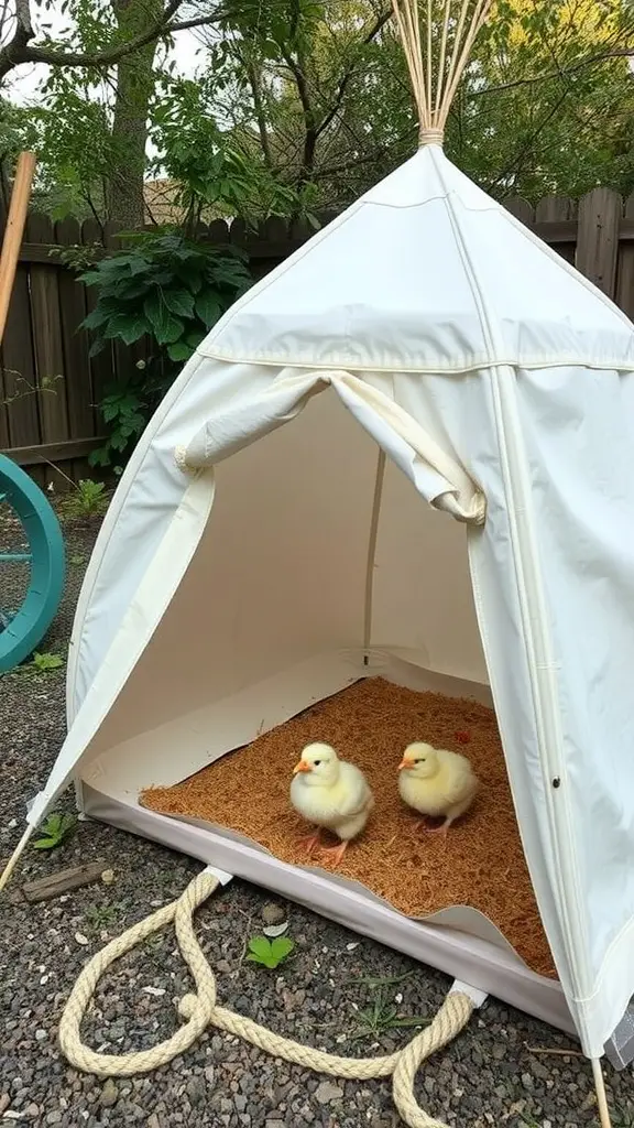 A simple canvas brooder tent with two ducklings inside, set in a backyard.