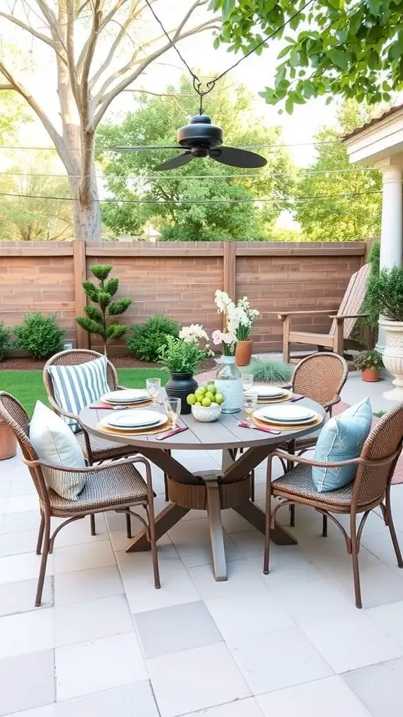 Simple outdoor dining setup with a round table, chairs, and decorative elements.