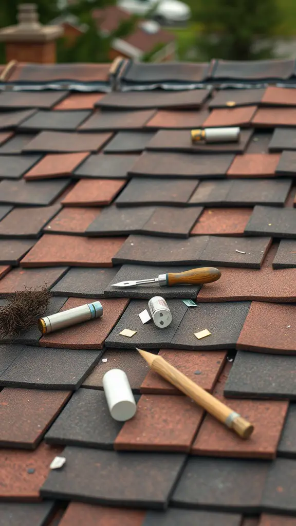 A close-up view of a roof with tools and materials for simple repairs