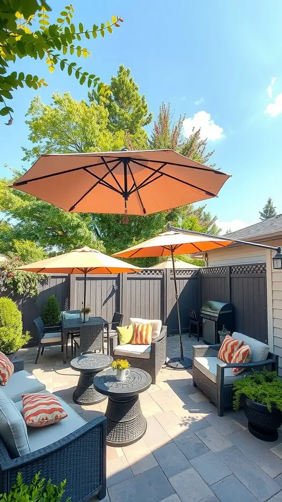 A patio with large umbrellas providing shade, surrounded by cozy seating and plants.