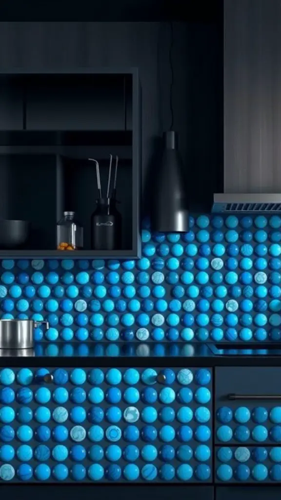 A kitchen with a blue sphere backsplash and dark cabinets.