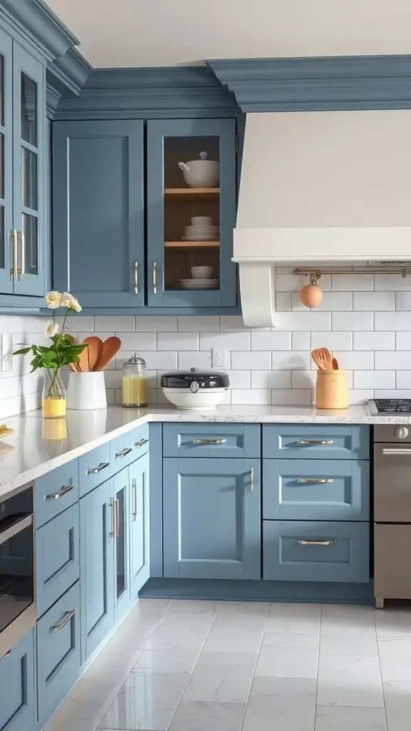 Kitchen featuring slate blue cabinets and creamy white countertops, with accents of gold and glass doors