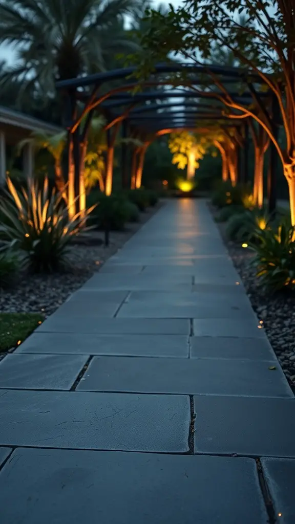 27 Stunning Stone Pathway Ideas for Your Garden Walkways 6 A slate stone walkway illuminated by soft lighting, surrounded by plants, creating an inviting outdoor space.