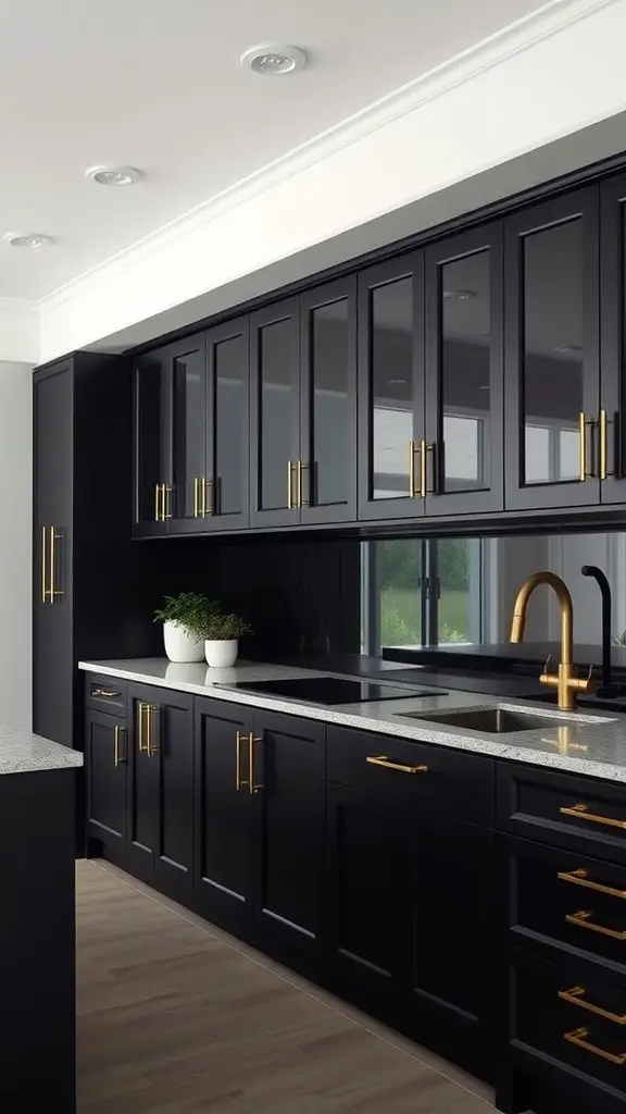 A modern kitchen featuring sleek black cabinets with gold hardware and a light-colored countertop.