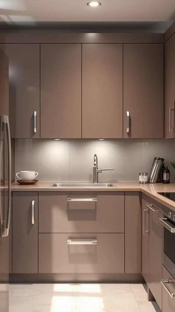 A modern kitchen with sleek brown cabinets and minimalistic design.