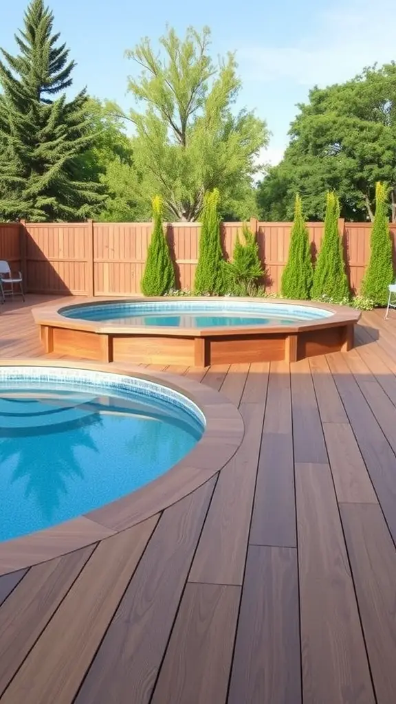 Above-ground pool with sleek composite decking and surrounding greenery