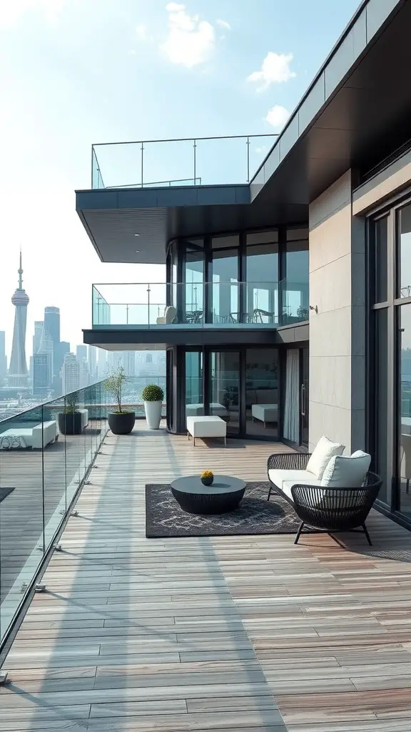 19 Stunning Two-Level Deck Ideas for Your Home 16 A contemporary two-level deck featuring glass railings, wooden flooring, and modern furniture with a city skyline view.