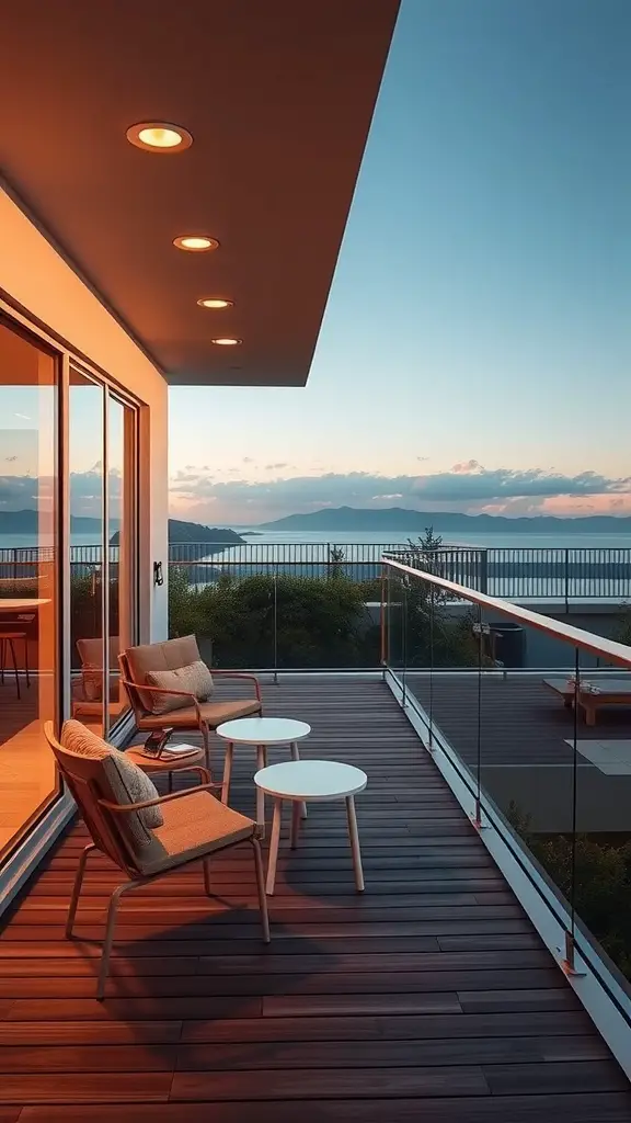 27 Inspiring Outdoor Deck Ideas You'll Love 2 Sleek modern deck with glass railings, featuring seating and stunning views.