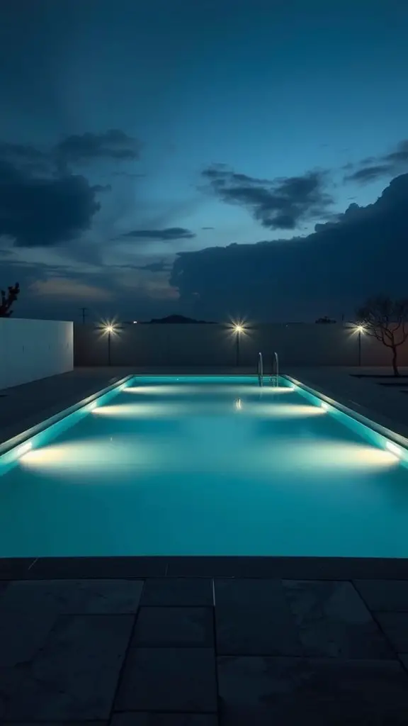 A sleek rectangular pool at dusk with modern lighting