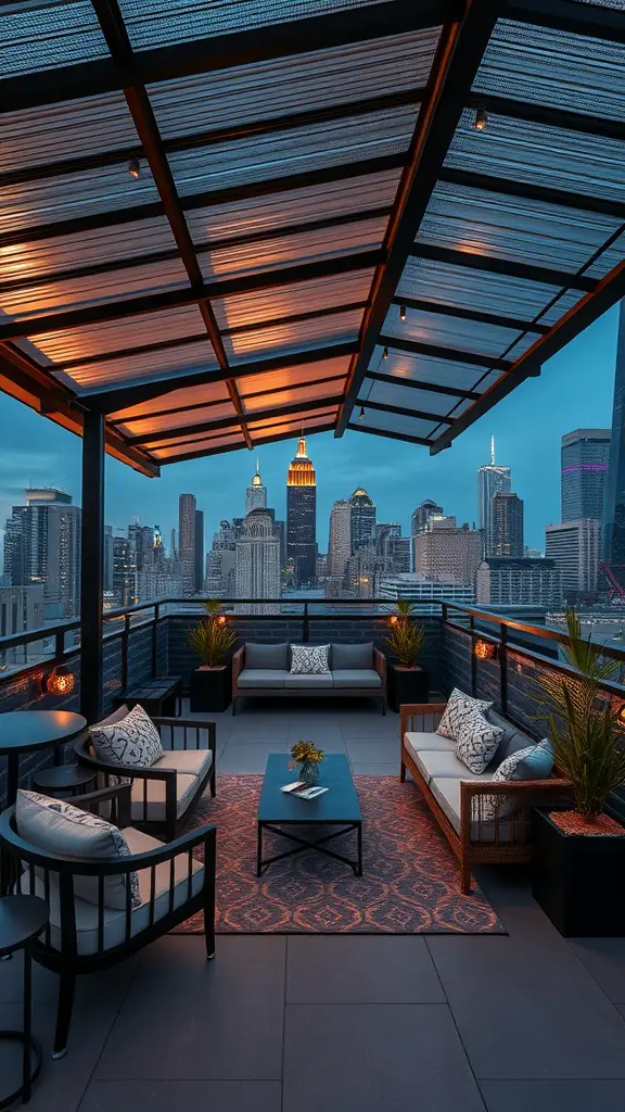 A sleek rooftop patio featuring comfortable seating and city skyline views