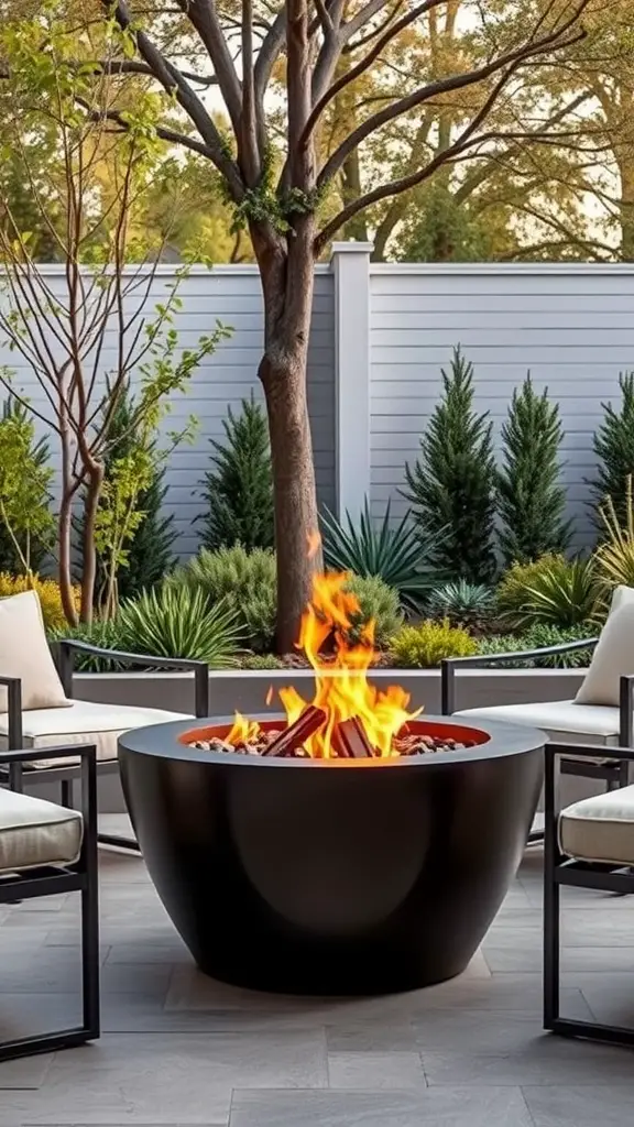 A sleek black steel fire pit surrounded by modern chairs in a landscaped backyard.