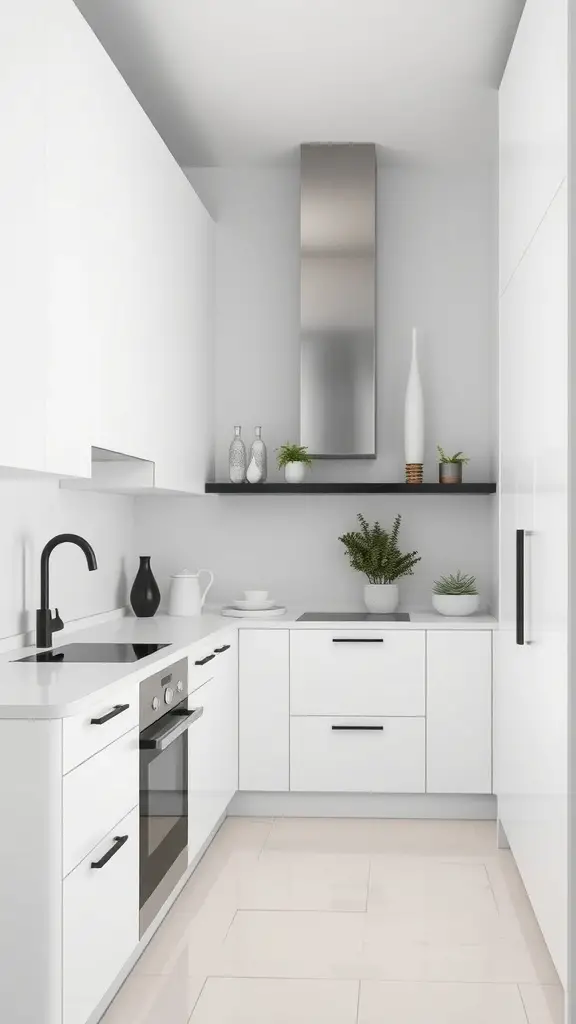 A modern white kitchen featuring sleek black fixtures, minimalistic design, and decorative plants.