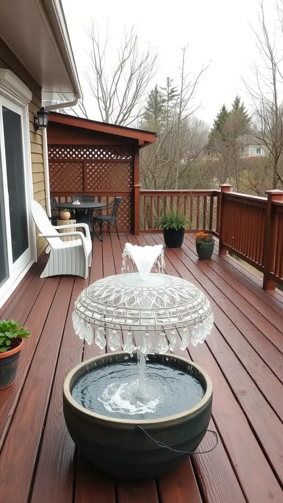 21 Inspiring Small Deck Ideas to Maximize Your Outdoor Space 15 A small decorative fountain on a wooden deck surrounded by plants.