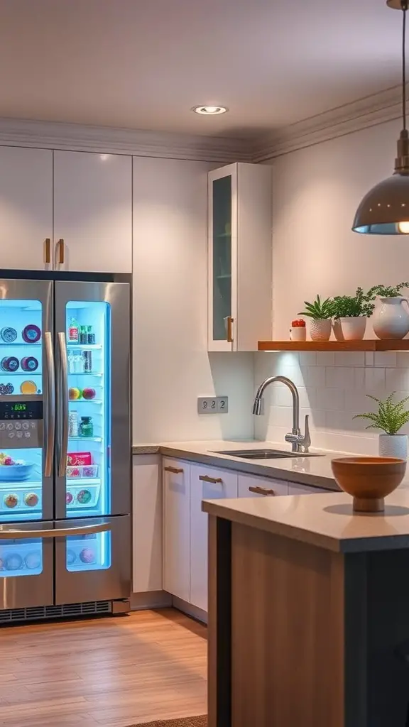 A contemporary kitchen featuring a modern refrigerator, sleek cabinets, and smart home technology.