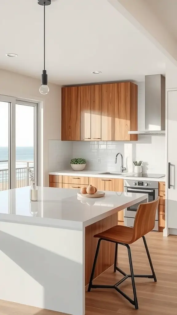 A modern beach house kitchen with wood cabinetry, white countertops, and a coastal view