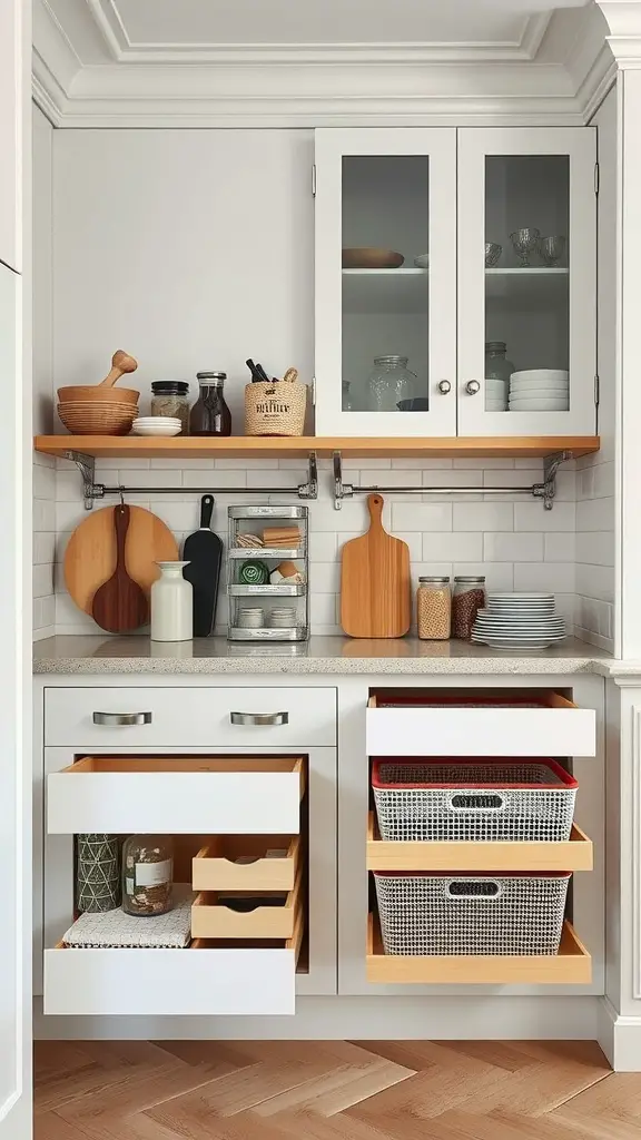 A Scandinavian kitchen with smart storage solutions including open shelves, organized drawers, and baskets.