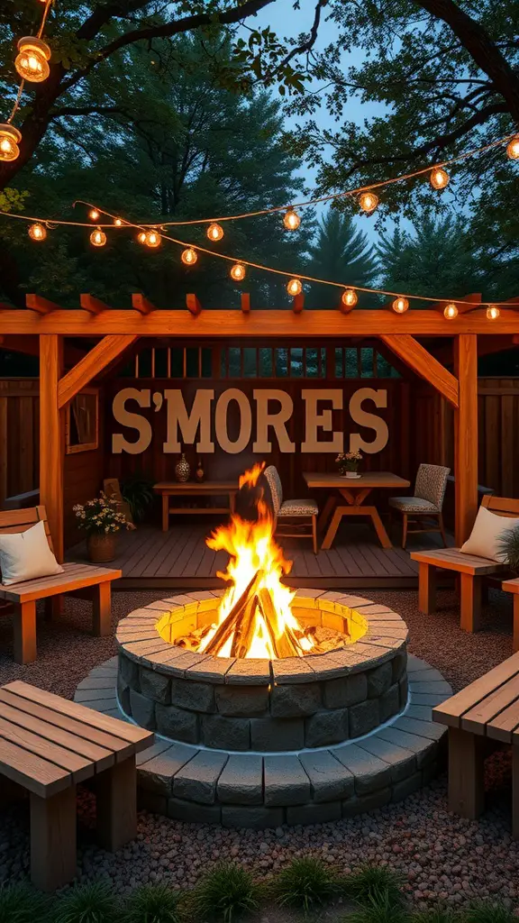 21 Creative Summer Baby Shower Ideas to Celebrate the Arrival of Baby 16 S'mores station by a fire pit with string lights and cozy seating.