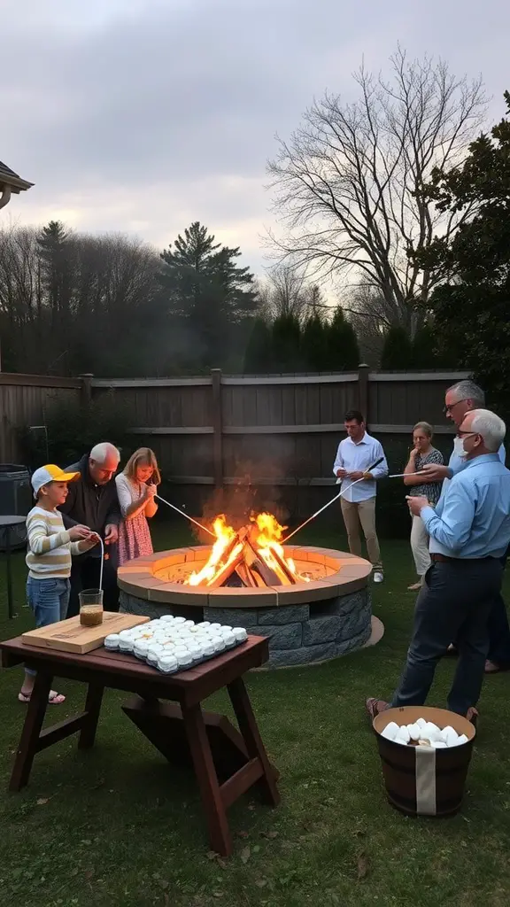 A cozy outdoor s'mores station with people roasting marshmallows over a fire pit.