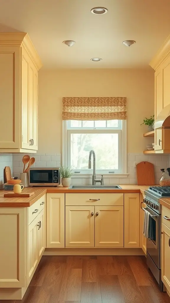 A cozy kitchen featuring soft butter yellow cabinets, wooden countertops, and a bright window.