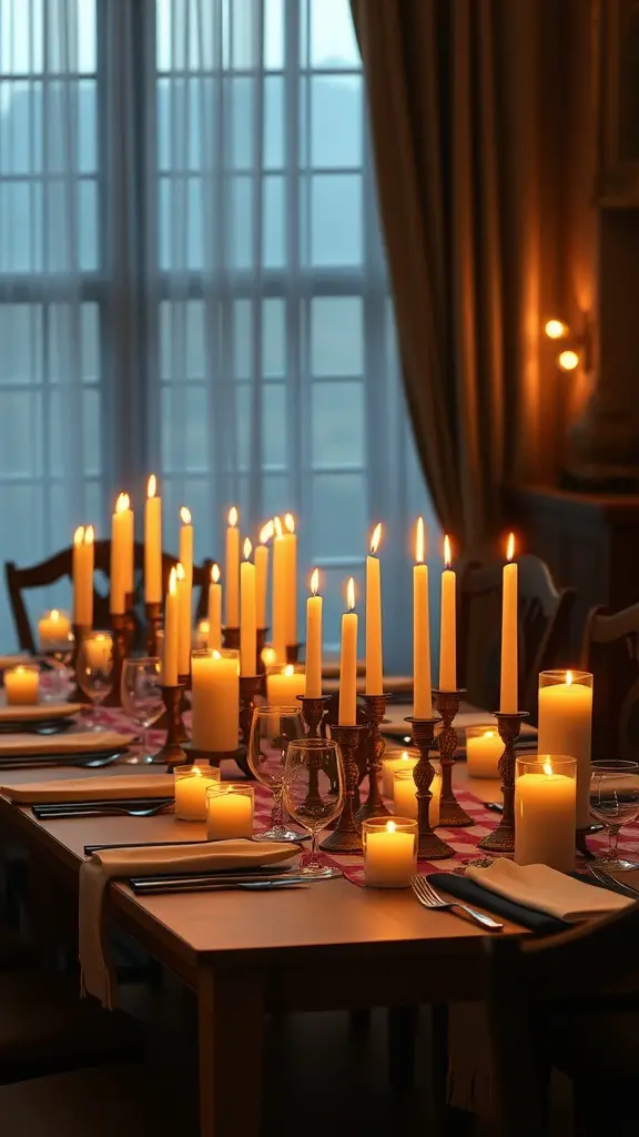 A beautifully set dinner table with soft candlelight ambiance, featuring various candles of different heights and a cozy atmosphere.