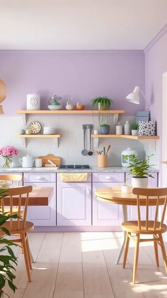 A cozy kitchen with soft lavender walls and cabinets, complemented by wooden furniture and green plants.