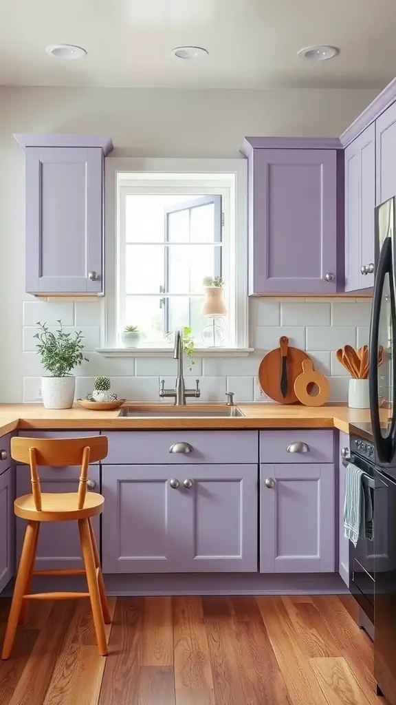 A kitchen with soft lavender cabinets and natural wood countertops.