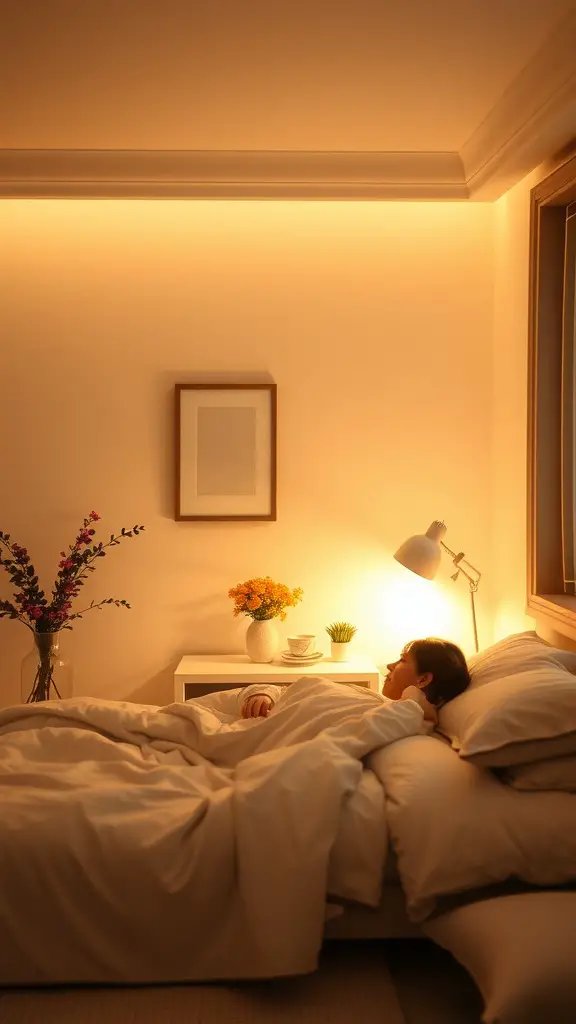 A cozy bedroom with soft lighting, featuring a person resting in bed surrounded by warm decor and flowers.