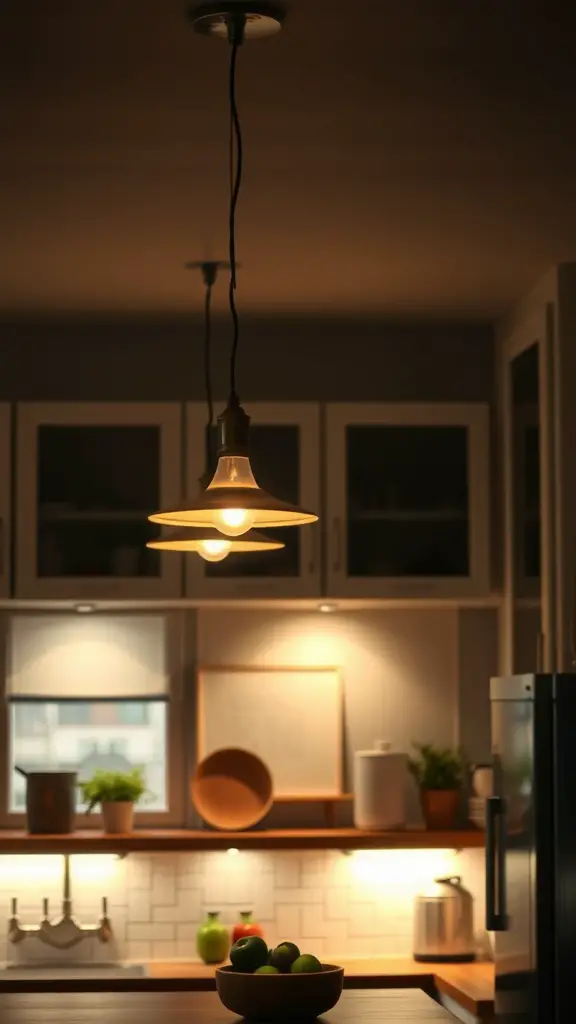 27 Cozy Kitchen Ideas to Warm Up Your Space 6 A cozy kitchen with warm pendant lighting above a wooden countertop, featuring plants and a bowl of fresh fruits.