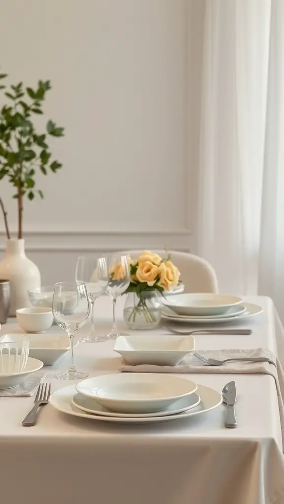 A dining table elegantly set with white and pastel dishes, featuring yellow roses and greenery, creating a soft pastel color palette for Mother's Day dinner.