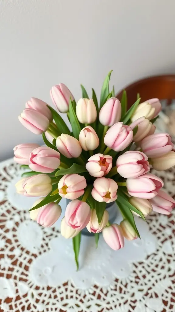 21 Stunning Spring Wedding Bouquet Ideas You’ll Love 9 A bouquet of soft pastel tulips in shades of pink and white, arranged beautifully on a lace tablecloth.
