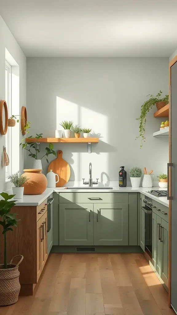 A bright kitchen featuring soft sage green cabinets, a wooden countertop, and natural decor elements.