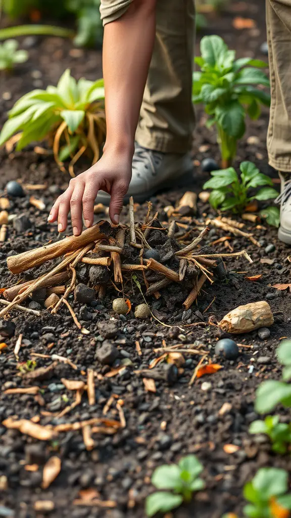 A person using their hand to sift through soil and organic materials in a kitchen garden.