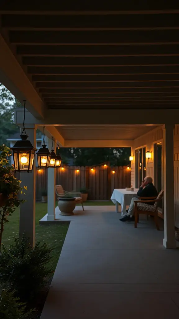 15 Creative Under Deck Lighting Ideas for Your Outdoor Space 7 A cozy outdoor deck illuminated by solar-powered lanterns, creating a warm atmosphere.