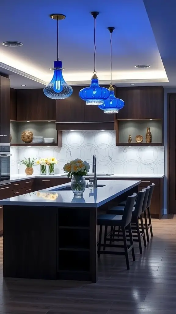 A modern kitchen with blue and white color scheme and elegant blue pendant lights above the island.