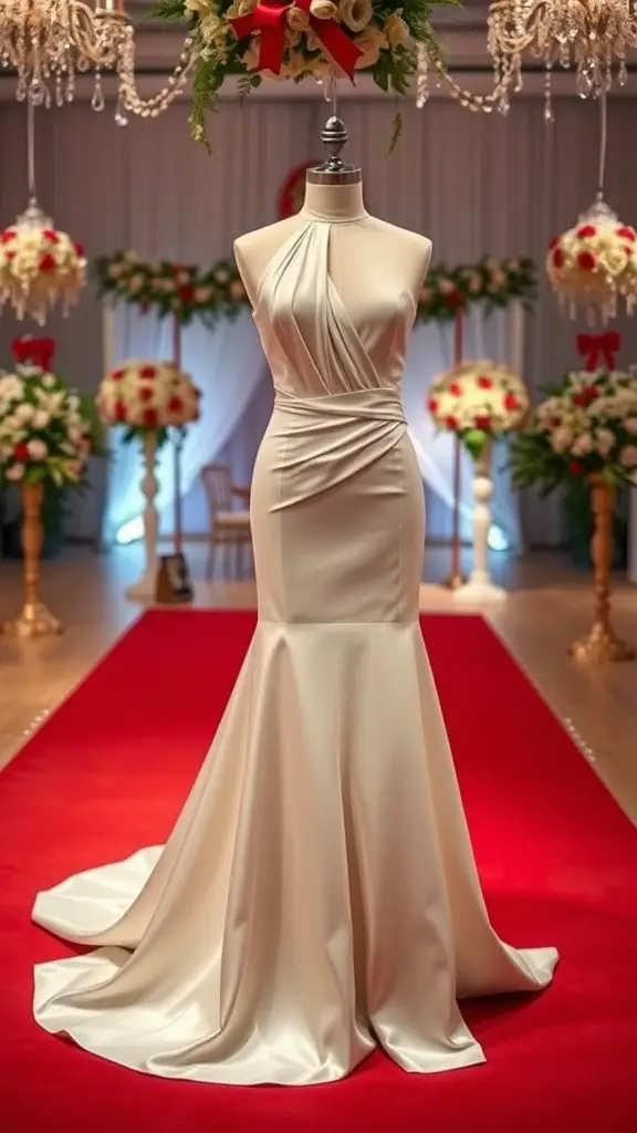 21 Stylish Summer Wedding Guest Dress Ideas to Make You Shine 6 A sophisticated halter neck gown displayed on a mannequin, featuring a flattering silhouette and elegant draping.