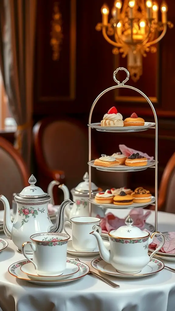 A table set for high tea with delicate teacups, a teapot, and a three-tiered stand of pastries.