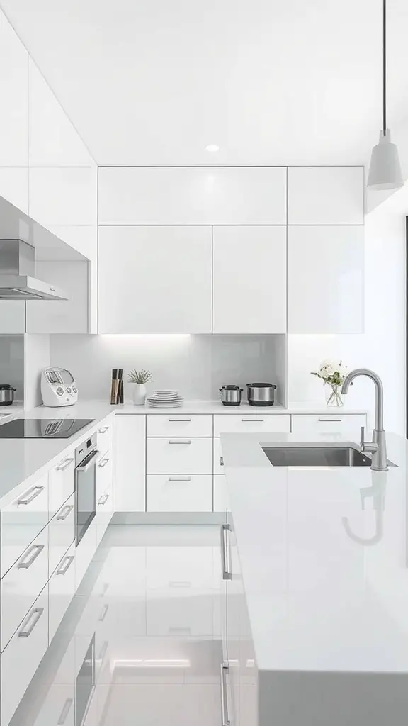 A modern white kitchen with glossy cabinets, stainless steel appliances, and a sleek island featuring a sink.