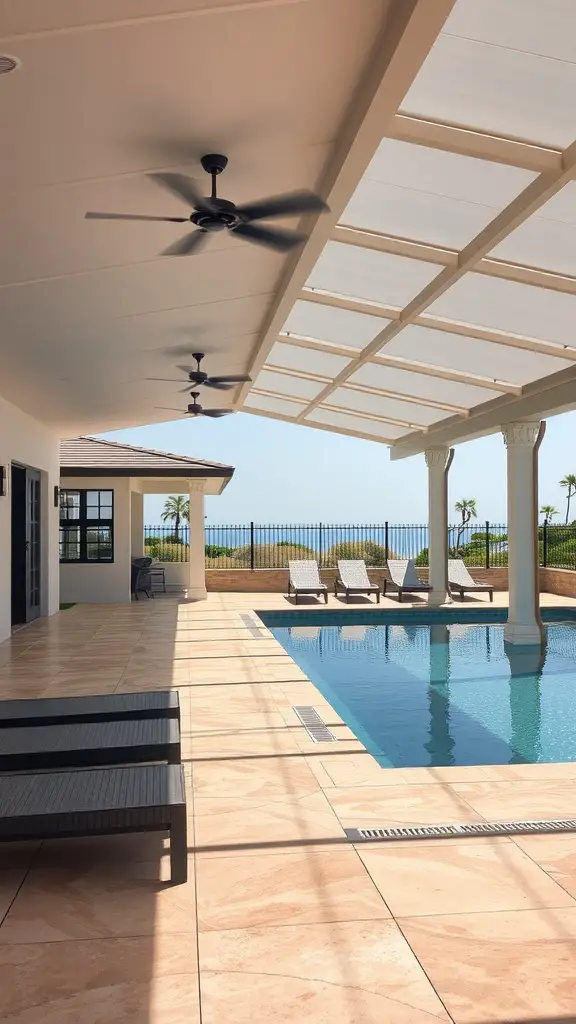 A spacious patio with a lounge pool, shaded area, and comfortable seating