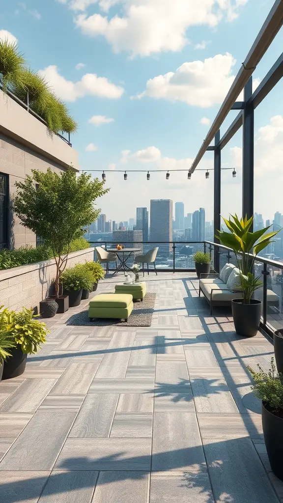 15 Stunning Composite Deck Ideas for Your Outdoor Space 7 A spacious rooftop deck featuring modern furniture, potted plants, and a city skyline view.