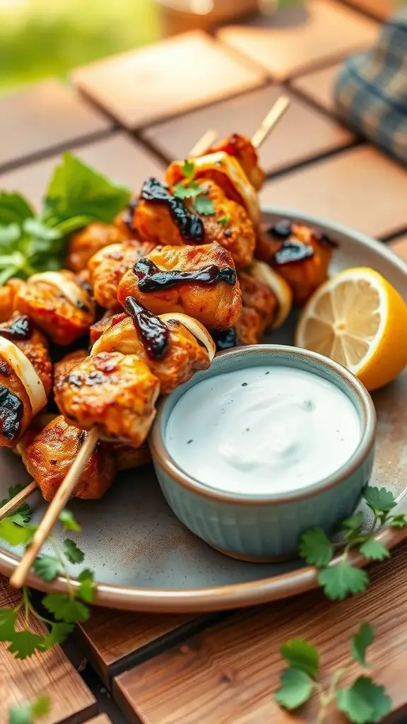 A plate of grilled spiced chicken skewers with a yogurt dip and garnished with fresh herbs.