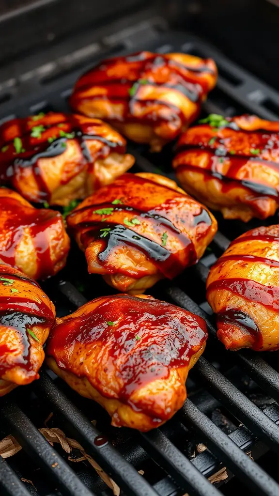 Grilled spicy BBQ chicken thighs on the grill, glazed with sauce and garnished with herbs.