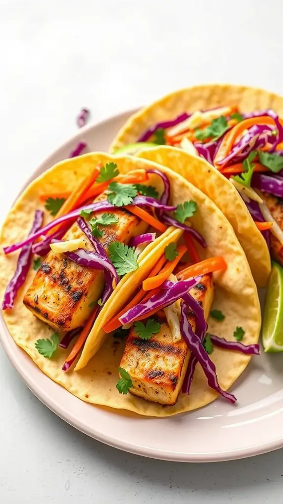 Spicy grilled fish tacos with cabbage slaw on a plate