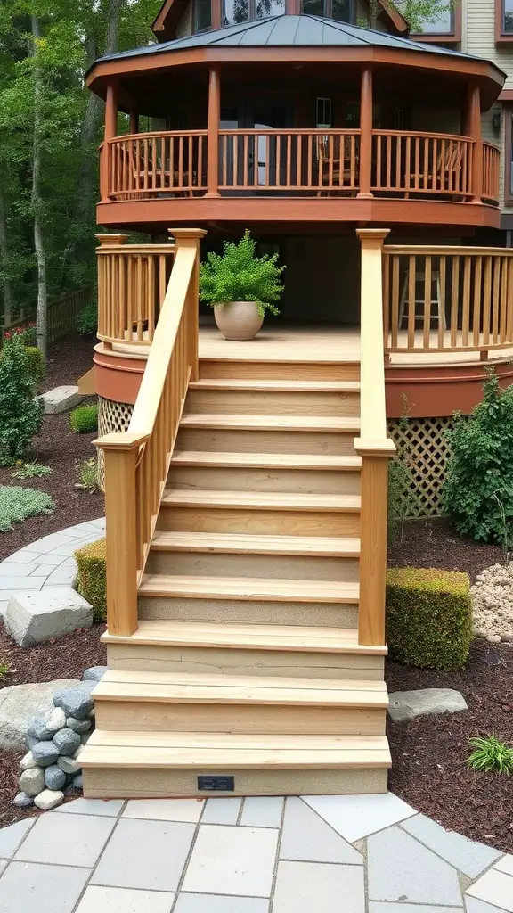 21 Creative Deck Step Ideas to Enhance Your Outdoor Space 10 Wooden spiral steps leading to a deck surrounded by greenery.