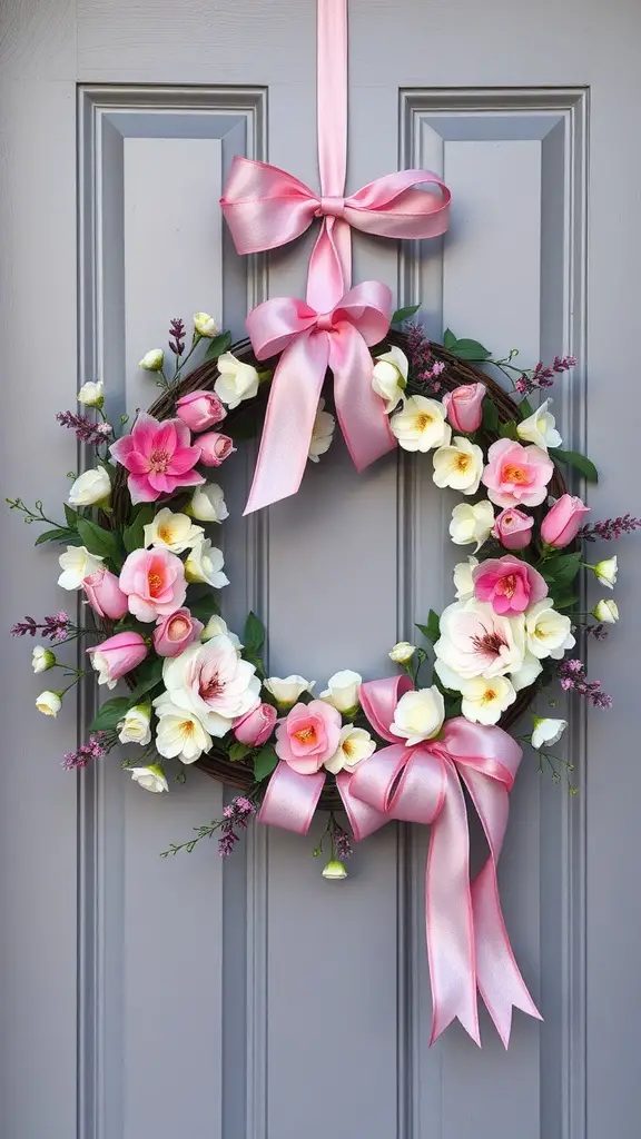 27 Creative Mother’s Day Decor Ideas to Celebrate Mom 16 A spring wreath with pink and white flowers, adorned with pink ribbons, hanging on a grey door.
