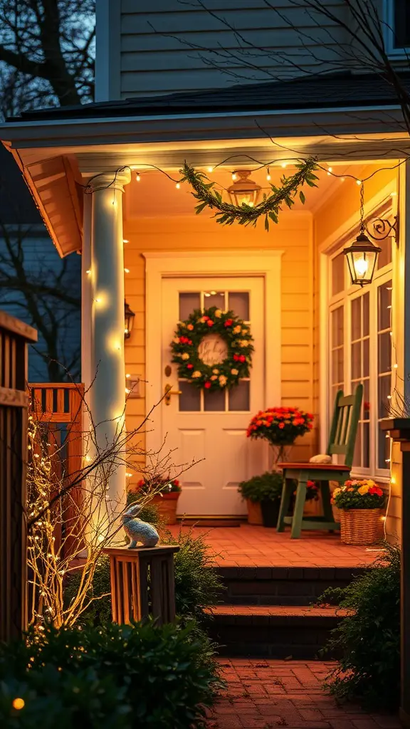 A charming front porch decorated with fairy lights and spring flowers, creating a cozy atmosphere.